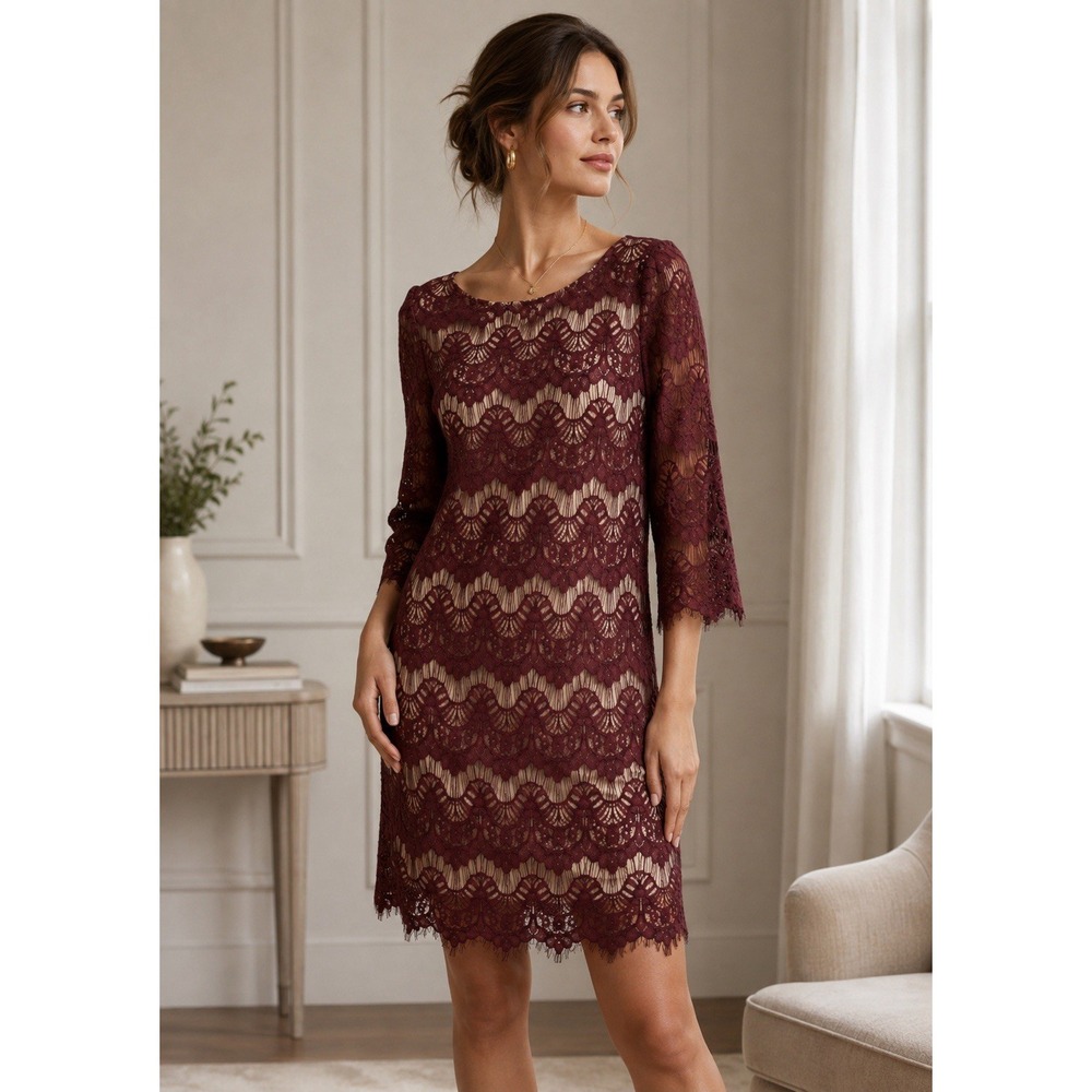 Jessica Howard Shift Dress Women's Size 14 Geometric Floral Lace Scoop Neck